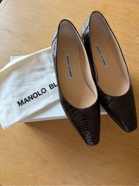 Manolo Blahnik Dark Brown Croc-Embossed Pointed Toe Flats 39